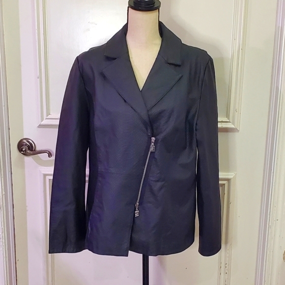 Pamela McCoy Textured Black Genuine Leather Blazer, Size Large - Picture 2 of 16